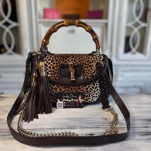♥️Sold♥️Gucci New Convertible Bamboo Top Handle Bag Leopard Print Pony Hair